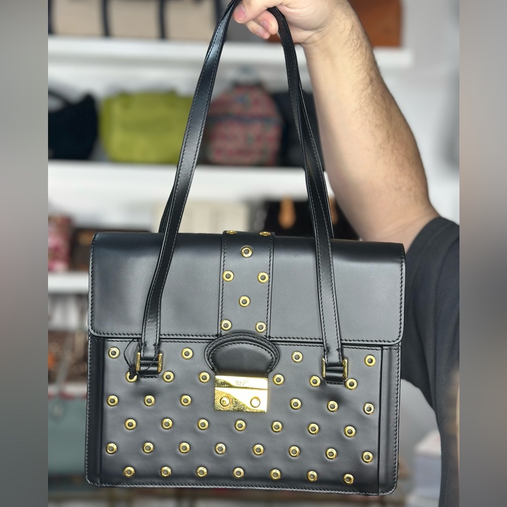 Valentino Garavani Black Leather Studded Top-Handle Bag with Gold Hardware